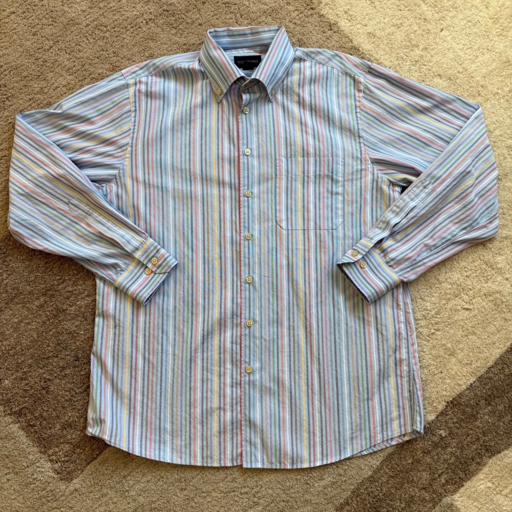 Scott Barber Men Large Button Down Shirt Blue Multi Color Vertical Stripe Cotton
